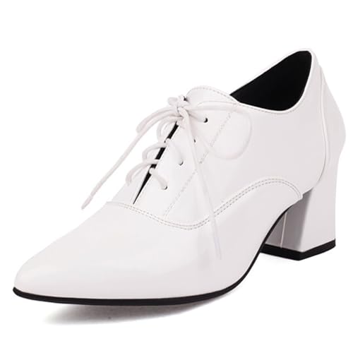 Eestfy Brogues Damen mit Schnürung Mittlerer Blockabsatz Pumps Vintage PU Leder Oxfords Abendschuhe für Frühling und Herbst Geschäft und Täglich Tragen,Weiß,40 EU von Eestfy