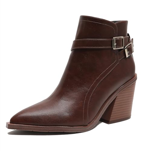 Eestfy Chelsea Stiefeletten Damen Spitze Zeh Chunky Hoch Absatz Stiefelette mit Seitlicher Reißverschluss für Herbst & Winter Bürokleidung rutschfest,Darkbrown,37 EU von Eestfy