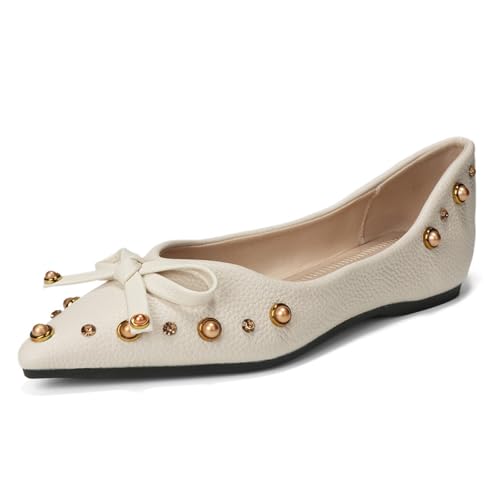 Eestfy Damen Ballerinas Spitz Zulaufende Schuhe Mit Niedrigem Absatz Und Schleifendetail Und Goldenen Nieten Für Frühling Und Sommer Tägliche Kleidung Weich,Offwhite,35 EU Eestfy Damen Ballerinas Spitz Zulaufende Schuhe Mit Niedrigem Absatz Und Schleifendetail Und Goldenen Nieten Für Frühling Und Sommer Tägliche Kleidung Weich,Offwhite,35 EU von Eestfy