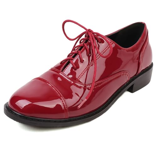 Eestfy Damen Brogues Büro Schuhe Wingtip Oxford Lackleder Schnürung Niedrige Absatz Pumps Business Flats Vintage Brogues Für Arbeit Und Freizeit,Rot,35 EU von Eestfy