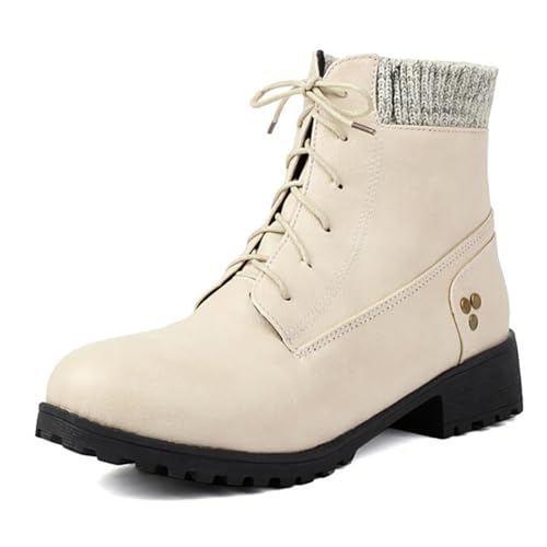 Eestfy Damen Combat Stiefel Niedriger Absatz Rundspitze Kurzstiefeletten Mit Schnürung Britischer Stil Strickkragen Für Freizeit Und Streetwear Große Größe,Beige,38 EU von Eestfy