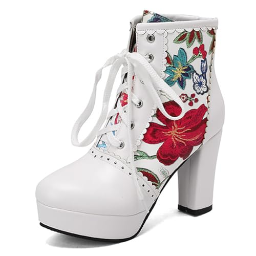 Eestfy Damen Florale Stiefeletten Plateau Kurz Hoher Schaft Schnürung Mit Grobem Absatz Für Freizeit Und Streetwear Große Größe,Rot,47 EU von Eestfy