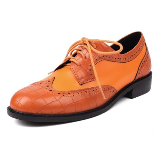 Eestfy Damen Klassische Leder Oxford Schulschuhe Niedriger Blockabsatz Runde Zehen Schnürung Wingtip Brogue Schuhe Business Flats Für Arbeit Schule Und Freizeit,Gelb,36 EU von Eestfy