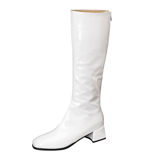 Eestfy Damen Knielange Lackleder Gogo Stiefel Blockabsatz Seitlicher Reißverschluss Stiefel Quadratischer Zeh Hoher Verspielter Retroabsatz Für Herbst & Winter Abendveranstaltung,Weiß,37 EU von Eestfy