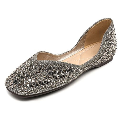 Eestfy Damen Kristallbesetzte Ballettschuhe Schwarz Spitz Zeh Gepolsterte Einlegesohle Bequeme Schlupfschuhe Hochzeit Büro Elegante Freizeitmode,Gold,39 EU von Eestfy