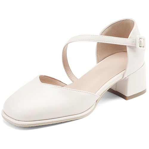 Eestfy Damen Mary Jane Pumps mit Quadratspitze - Kreuzriemen Blockabsatz, Farben Weiß & Gelb,Beige,41 EU von Eestfy