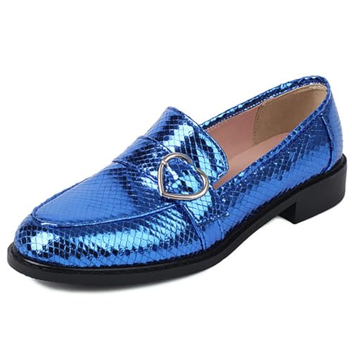 Eestfy Damen Metallic Farbe Loafers Runde Zehen Slip-On Schuhe Niedrige Flache Absätze Für Freizeit Und Schule Tragen Mikrofaser Leder,Blau,34 EU von Eestfy