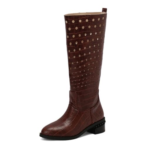 Eestfy Damen Mid-Calf Fashion Stiefel Hohles Ausschnitt Muster Rundzehen Zum Reinschlüpfen Niedriger Blockabsatz Mid-Calf Stiefel Für Herbst & Winter Freizeit,Burgundy,44 EU von Eestfy
