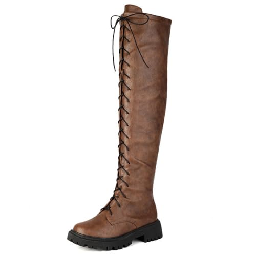 Eestfy Damen Oberschenkelhohe Kampfstiefel Schwarzes Kunstleder Schnürung Design Chunky Plateau Über-Knie Stiefel Für Winter Abend Ausgehen & Lässige Ausflüge,Braun,42 EU von Eestfy