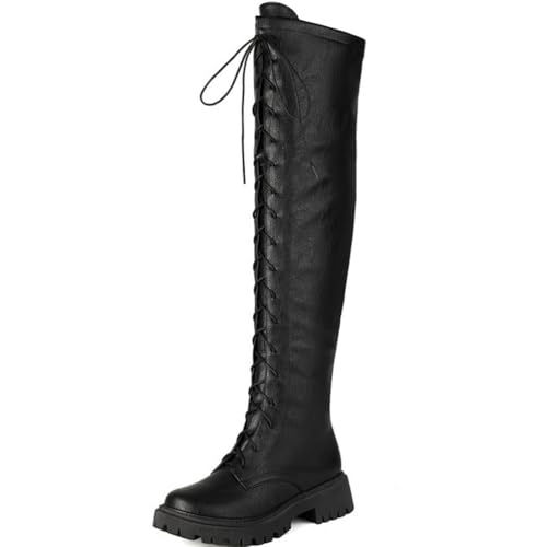 Eestfy Damen Oberschenkelhohe Kampfstiefel Schwarzes Kunstleder Schnürung Design Chunky Plateau Über-Knie Stiefel Für Winter Abend Ausgehen & Lässige Ausflüge,Schwarz,37 EU von Eestfy