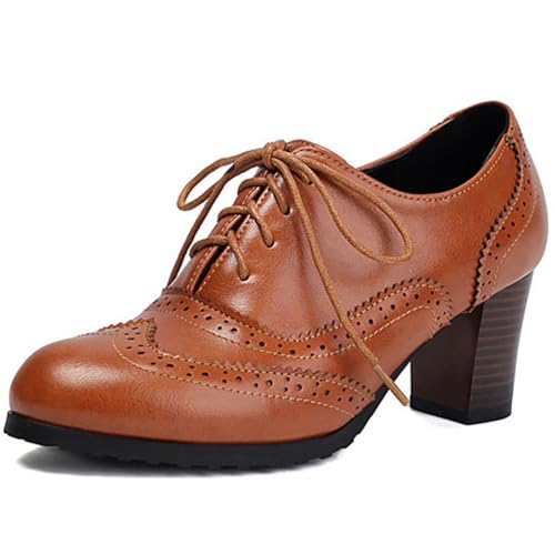 Eestfy Damen Oxford Brogue Rundspitze Hoher Blockabsatz Schnürschuhe Für Straße Und Alltag Mikrofaser,Gelb,43 EU von Eestfy