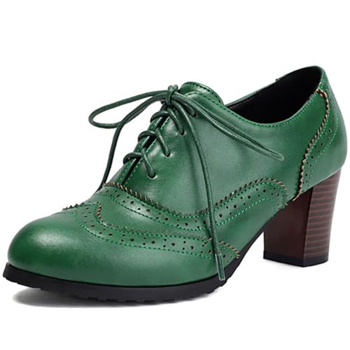 Eestfy Damen Oxford Brogue Rundspitze Hoher Blockabsatz Schnürschuhe Für Straße Und Alltag Mikrofaser,Grün,44 EU von Eestfy