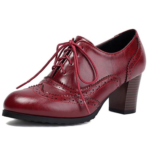 Eestfy Damen Oxford Brogue Rundspitze Hoher Blockabsatz Schnürschuhe Für Straße Und Alltag Mikrofaser,Rot,37 EU von Eestfy