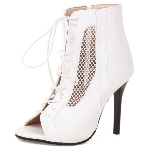 Eestfy Damen Peeptoe Stiefeletten Stiletto Hohe Absätze Schnürstiefel Fischmaul Hohl Atmungsaktiv Ballkleid Abendkleid Pumps Sommer Stiefeletten,Weiß,43 EU von Eestfy