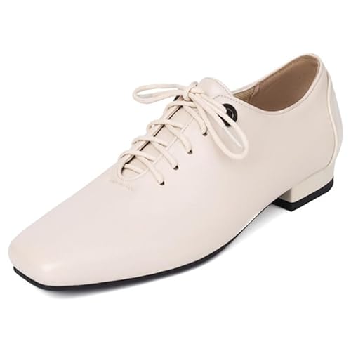 Eestfy Damen Quadratische Spitze Schnür Blockabsatz Oxfords Slip-On Loafer Für Street Style Und Freizeit Atmungsaktives Synthetisches Leder,Beige,39 EU von Eestfy