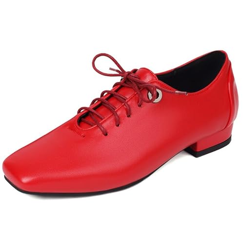 Eestfy Damen Quadratische Spitze Schnür Blockabsatz Oxfords Slip-On Loafer Für Street Style Und Freizeit Atmungsaktives Synthetisches Leder,Rot,38 EU von Eestfy