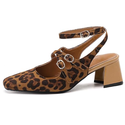 Eestfy Damen Sandalen Leopardenmuster Slingback Wildleder Geschlossene Spitze Quadratisch Blockabsatz DREI Schnallen Für Party Hochzeit,Hawksbill,43 EU von Eestfy