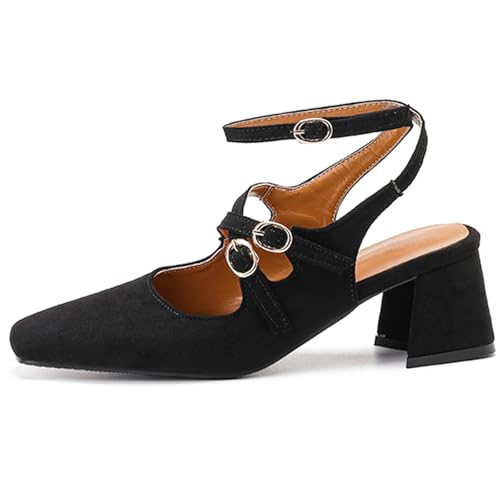Eestfy Damen Sandalen Leopardenmuster Slingback Wildleder Geschlossene Spitze Quadratisch Blockabsatz DREI Schnallen Für Party Hochzeit,Schwarz,41 EU von Eestfy
