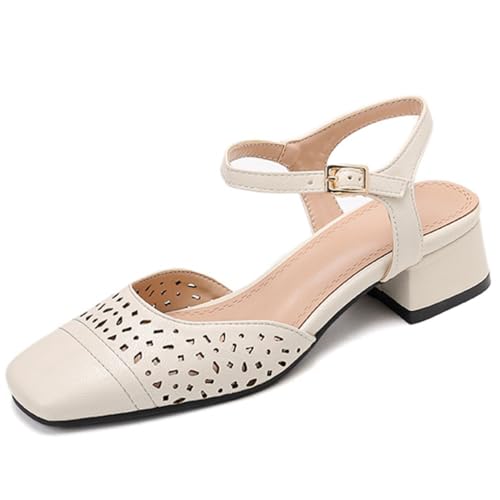 Eestfy Damen Sandalen Lochung Leder Slingback Quadratische Spitze Blockabsatz Für Hochzeit Büro Party,Beige,35 EU von Eestfy