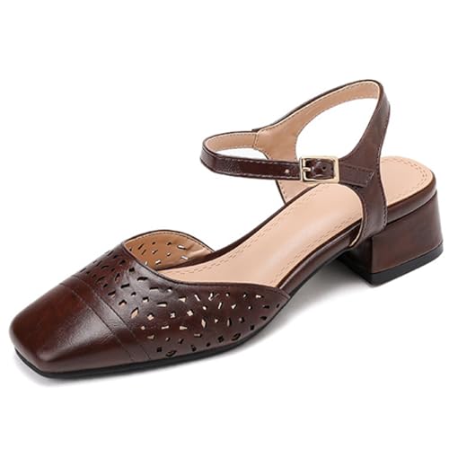Eestfy Damen Sandalen Lochung Leder Slingback Quadratische Spitze Blockabsatz Für Hochzeit Büro Party,Braun,39 EU von Eestfy