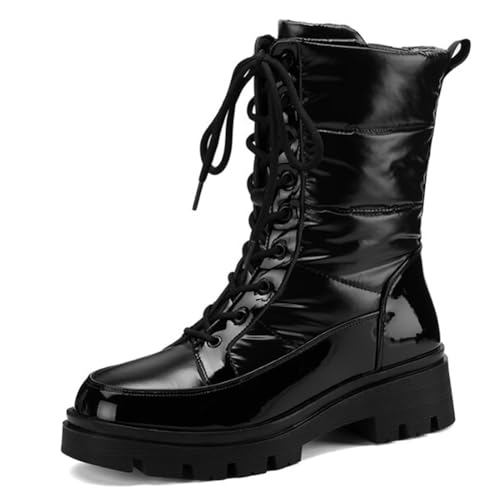 Eestfy Damen Schneestiefel Mit Chunky Blockabsatz Zum Schnüren Halbhohe wasserdichte Winter Plateau Stiefel Für Outdoor Spaziergänge Und Kaltes Wetter Warm,Schwarz,38 EU von Eestfy