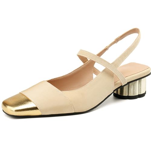 Eestfy Damen Slingback Schuhe mit Quadratspitze - Goldene Spitzenkappe, metallischer Blockabsatz, Schwarz & Beige,Beige,34 EU von Eestfy