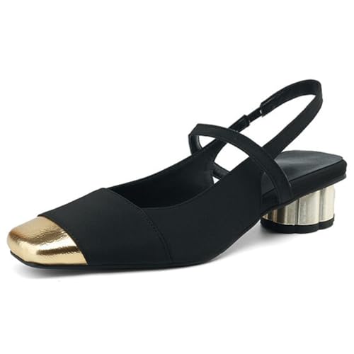 Eestfy Damen Slingback Schuhe mit Quadratspitze - Goldene Spitzenkappe, metallischer Blockabsatz, Schwarz & Beige,Schwarz,35 EU von Eestfy