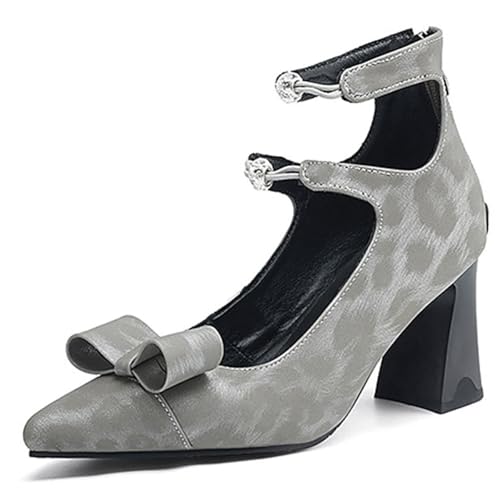 Eestfy Damen Spitz Zehen Pumps Doppel Schleife Knöchelriemen Court Schuhe Chunky Blockabsatz High Top Kleid Schuhe Für Cocktailparty Mikrofaserfutter,Grau,35 EU von Eestfy