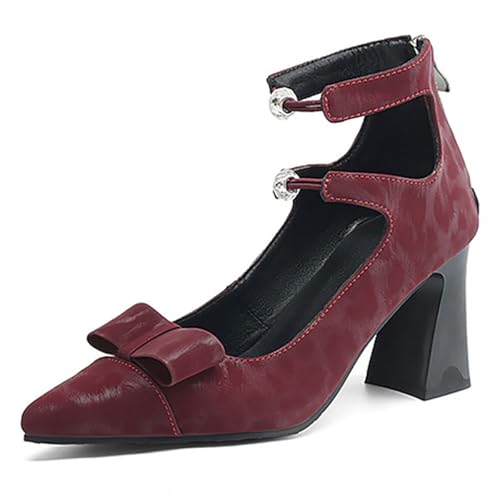 Eestfy Damen Spitz Zehen Pumps Doppel Schleife Knöchelriemen Court Schuhe Chunky Blockabsatz High Top Kleid Schuhe Für Cocktailparty Mikrofaserfutter,Rot,38 EU von Eestfy
