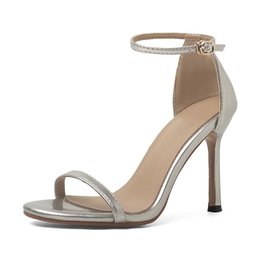 Eestfy Damen Spitzabsatz Pumps Blockabsatz Knöchelriemchen Büro Hochzeit Party Abendschuhe Bequem Klassisch Elegant,Silber,39 EU von Eestfy