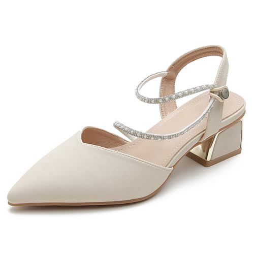 Eestfy Damen Spitzabsatz Pumps Blockabsatz Kristallverzierter Riemchen Abendschuhe Hochzeit Büro Bequem Elegant,Apricot,41 EU von Eestfy
