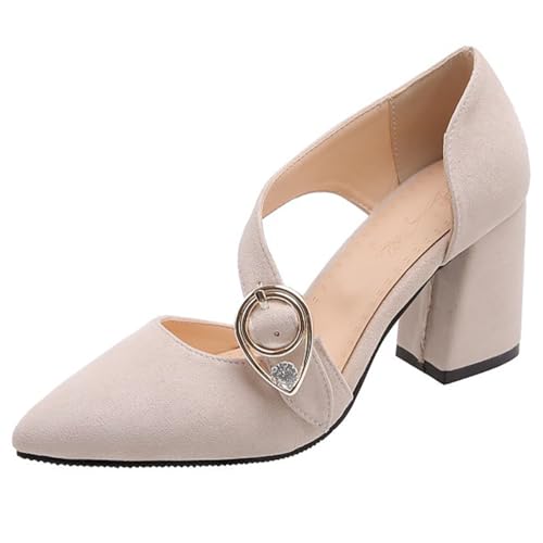 Eestfy Damen Spitzabsatz Pumps Blockabsatz Wildleder Kristallschließe Kreuzriemchen Hochzeit Party Abendschuhe Elegant Bequem,Beige,39 EU von Eestfy