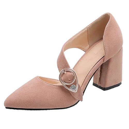 Eestfy Damen Spitzabsatz Pumps Blockabsatz Wildleder Kristallschließe Kreuzriemchen Hochzeit Party Abendschuhe Elegant Bequem,Rosa,48 EU von Eestfy