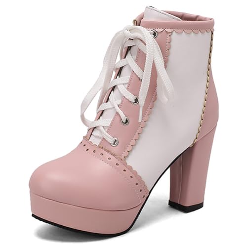 Eestfy Damen Stiefeletten Hoher Grober Absatz Plateau Schnürung Kurzstiefel Mit Geschwungenem Rand Für Freizeit Und Streetwear Weite Größe,Rosa,42 EU von Eestfy