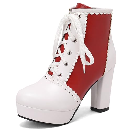 Eestfy Damen Stiefeletten Hoher Grober Absatz Plateau Schnürung Kurzstiefel Mit Geschwungenem Rand Für Freizeit Und Streetwear Weite Größe,Rot,37 EU von Eestfy