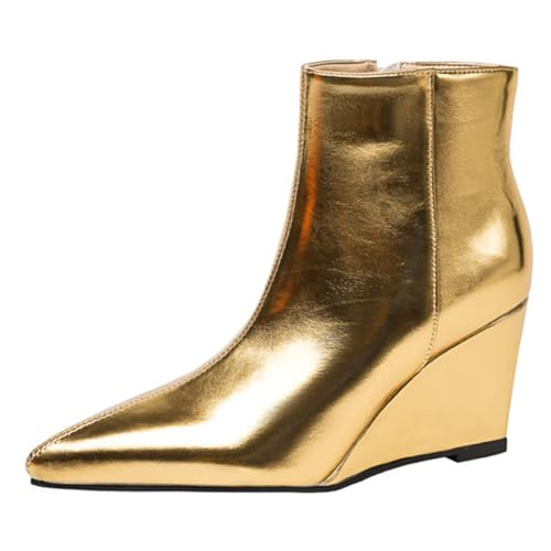 Eestfy Damen Stiefeletten Mit Spitzem Zeh Keilabsatz Stiefel Mit Blockabsatz Elegante Winterschuhe Metallisch Niedriger Absatz Reißverschluss Stiefelchen Weite Passform,Gold,43 EU von Eestfy