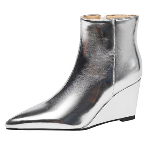 Eestfy Damen Stiefeletten Mit Spitzem Zeh Keilabsatz Stiefel Mit Blockabsatz Elegante Winterschuhe Metallisch Niedriger Absatz Reißverschluss Stiefelchen Weite Passform,Silber,39 EU von Eestfy