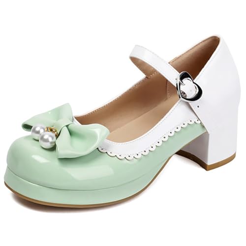 Eestfy Damen Sweet Lolita Plateau Mary Jane Schuhe Plateau Pumps Rundspitze Schuhe Perlen Schleifen Schnallen Details Gezackter Rand Für Schule Und Freizeit,Grün,42 EU von Eestfy