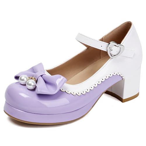 Eestfy Damen Sweet Lolita Plateau Mary Jane Schuhe Plateau Pumps Rundspitze Schuhe Perlen Schleifen Schnallen Details Gezackter Rand Für Schule Und Freizeit,Lila,41 EU von Eestfy