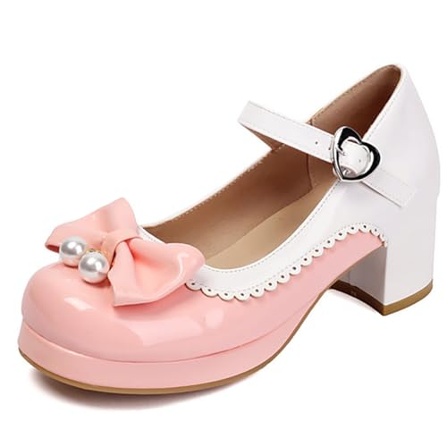Eestfy Damen Sweet Lolita Plateau Mary Jane Schuhe Plateau Pumps Rundspitze Schuhe Perlen Schleifen Schnallen Details Gezackter Rand Für Schule Und Freizeit,Rosa,48 EU von Eestfy