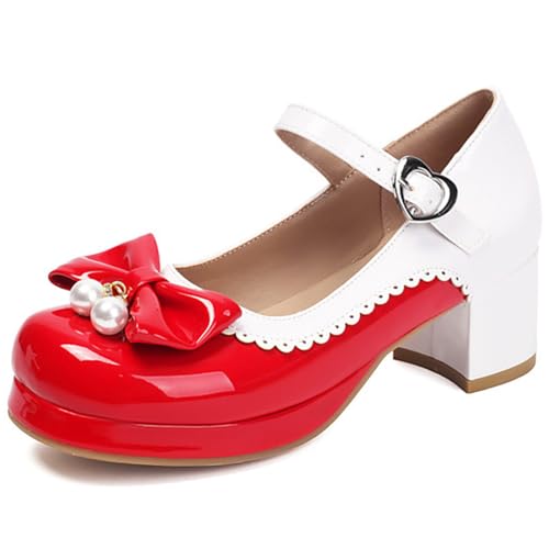 Eestfy Damen Sweet Lolita Plateau Mary Jane Schuhe Plateau Pumps Rundspitze Schuhe Perlen Schleifen Schnallen Details Gezackter Rand Für Schule Und Freizeit,Rot,44 EU von Eestfy