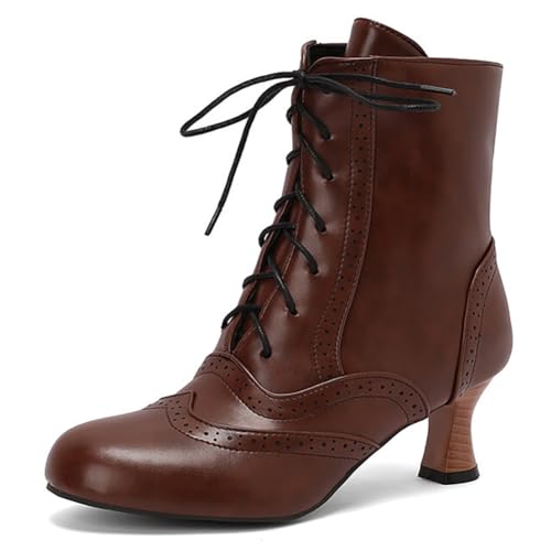Eestfy Damen Viktorianischer Stil Stiefeletten Knöchel Chunky Blockabsatz Runde Zehe Schnürung Seiten Reißverschluss Kurze Stiefel Für Herbst Und Abendempfang Breite Passform,Braun,49 EU von Eestfy