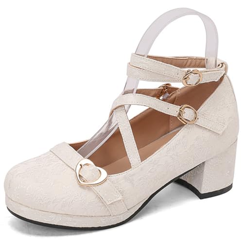 Eestfy Damen Vintage Mary Jane Schuhe Aus Spitze Blockabsatz Mehrfachriemen Runde Zehen Pumps Für Schuluniform Und Freizeit Atmungsaktives Material Große Größen,Beige,37 EU von Eestfy