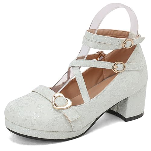 Eestfy Damen Vintage Mary Jane Schuhe Aus Spitze Blockabsatz Mehrfachriemen Runde Zehen Pumps Für Schuluniform Und Freizeit Atmungsaktives Material Große Größen,Light Green,35 EU von Eestfy