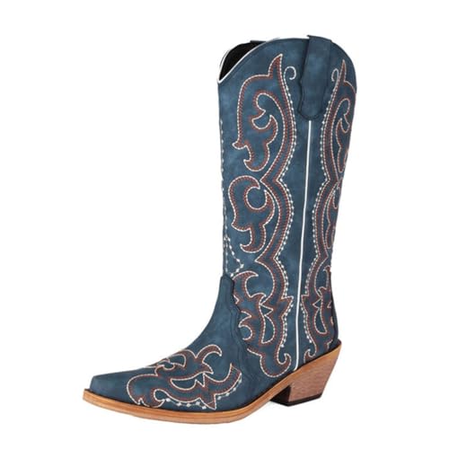 Eestfy Damen Western Cowboy Stiefel Kniehoch Stickerei Mode Spitz Zehen Chunky Blockabsatz Reitstiefel Für Country Konzert Rodeo Und Herbst Winter,Blau,37 EU von Eestfy