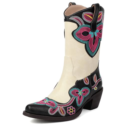 Eestfy Damen Western Cowboy Stiefel Mid Calf Gestickte Cowgirl Schuhe Rundzeh Modische Cowgirl Stiefel Für Tägliches Tragen Und Outdoor,Schwarz,44 EU von Eestfy