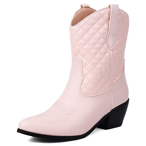 Eestfy Damen Western Cowgirl Stiefel Breite Wade Blockabsatz Rundzeh Gestepptes Muster Modische Zum Hineinschlüpfen Stiefel Für Freizeit Und Straßen Aktivitäten,Rosa,39 EU von Eestfy