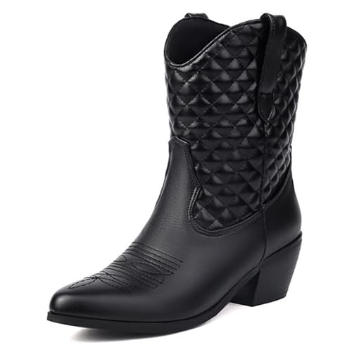 Eestfy Damen Western Cowgirl Stiefel Breite Wade Blockabsatz Rundzeh Gestepptes Muster Modische Zum Hineinschlüpfen Stiefel Für Freizeit Und Straßen Aktivitäten,Schwarz,40 EU von Eestfy