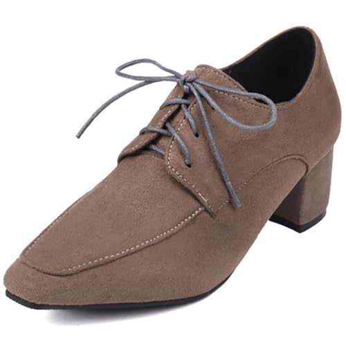 Eestfy Damen Wildleder Oxford Absatz Spitzzehen Hohe Vintage Wingtip Brogues Blockabsatz Schnürung Design Für Tägliche Und Büro Nutzung Breite Passform,Braun,36 EU von Eestfy