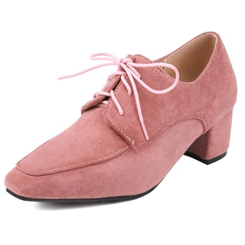 Eestfy Damen Wildleder Oxford Absatz Spitzzehen Hohe Vintage Wingtip Brogues Blockabsatz Schnürung Design Für Tägliche Und Büro Nutzung Breite Passform,Rosa,36 EU von Eestfy